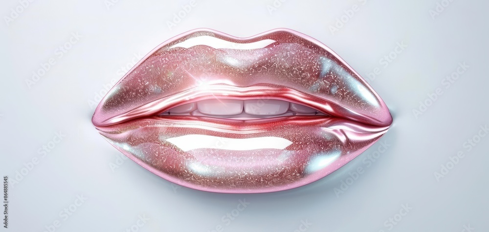 Fototapeta premium Close-up of glossy, metallic pink 3D lips against a white background, showcasing beauty and glamour with an artistic touch.