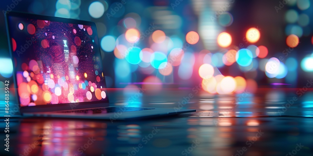 Fototapeta premium Open laptop with vibrant bokeh lights, and cityscape reflections. Modern technology concept with a colorful out-of-focus background.