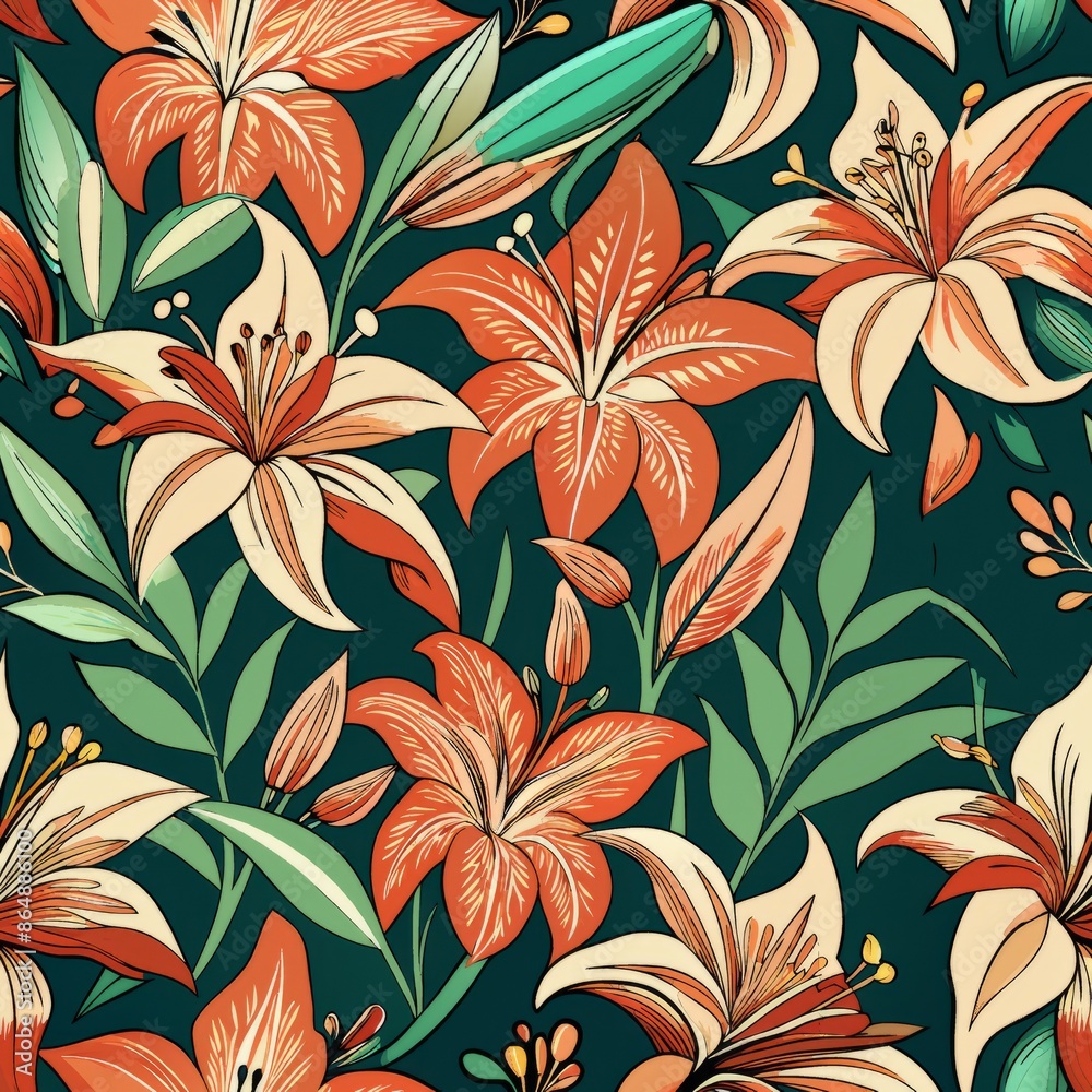 seamless pattern of graceful batik lilies, Generative AI seamless pattern of graceful batik lilies, Generative AI