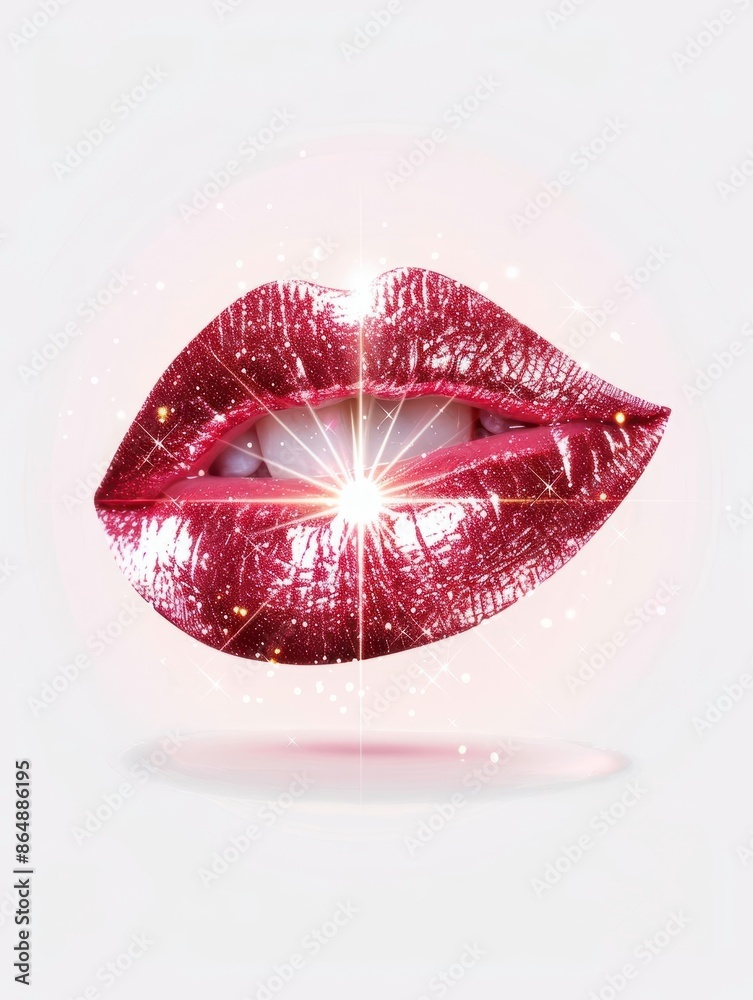 Shiny red lips with glitter effect, emanating light in the center, on a minimal white background. Perfect for beauty and fashion themes.