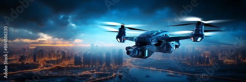 Cutting-Edge Drone Hovering Over City with Illuminated Sky photo