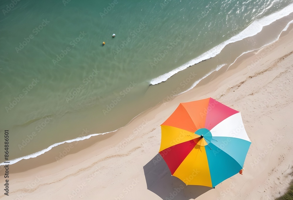 View from above of a colorful beach umbrella on a empty clean white sand beach, postcard sample, free space, background View from above of a colorful beach umbrella on a empty clean white sand beach, postcard sample, free space, background