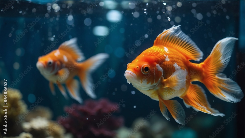 Close-up of Oranda goldfish in aquarium fish tank Close-up of Oranda goldfish in aquarium fish tank