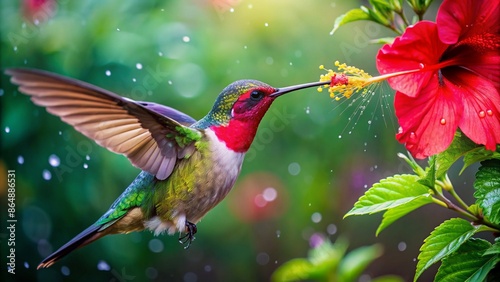 Colorful humming bird are flying near flowers and pecking at water droplets falling from beautiful wild flowers pollen.