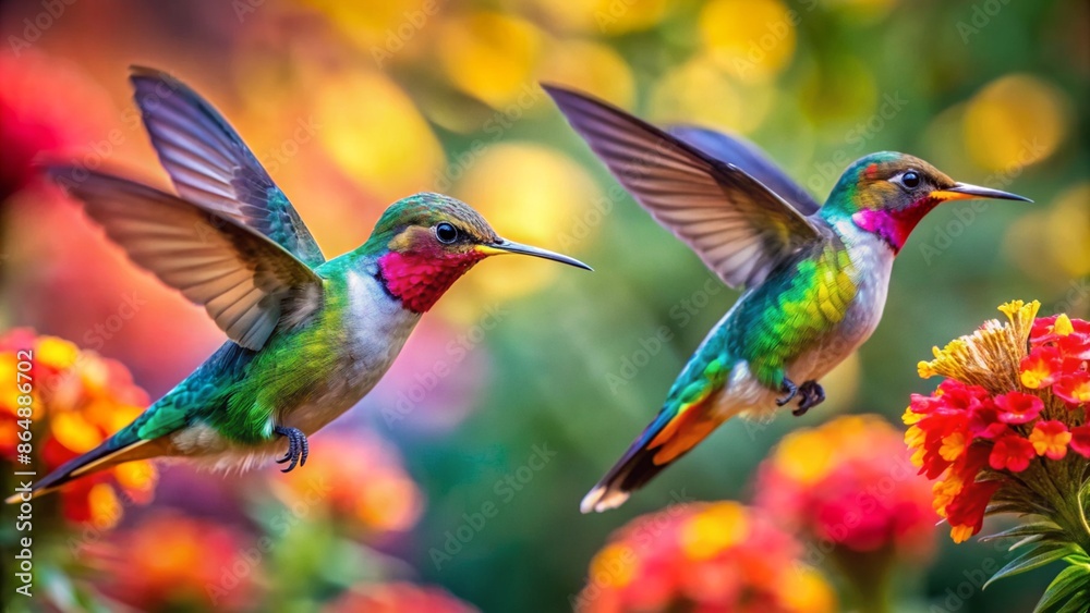 Fototapeta premium Colorful humming bird are flying near flowers and pecking at water droplets falling from beautiful wild flowers pollen.