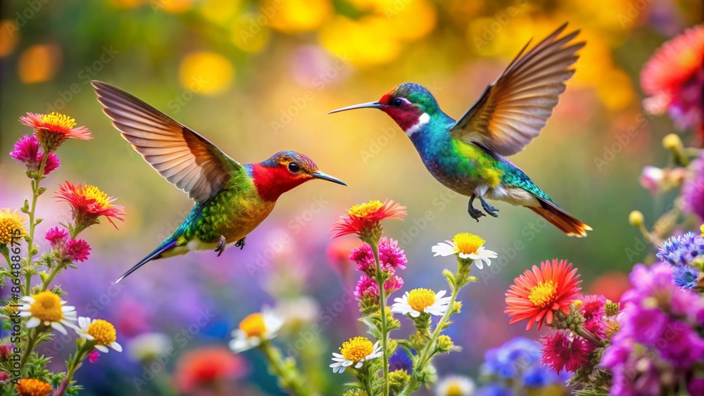 Fototapeta premium Colorful humming bird are flying near flowers and pecking at water droplets falling from beautiful wild flowers pollen.