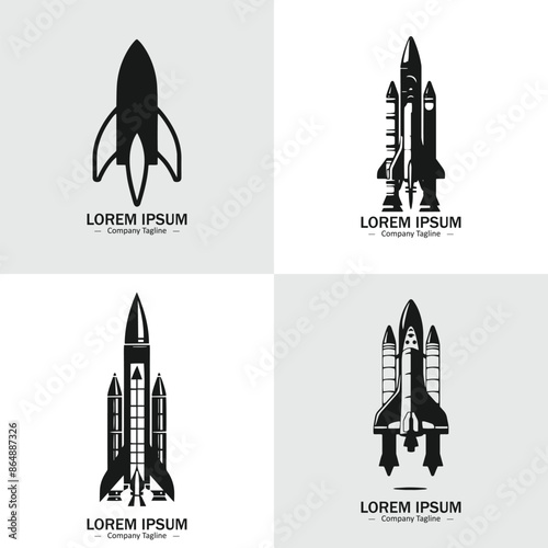 Set of missile spacecraft shuttle silhouettes. Suitable for logo, emblem, pattern, typography etc. Isolated on white background. Vector illustration