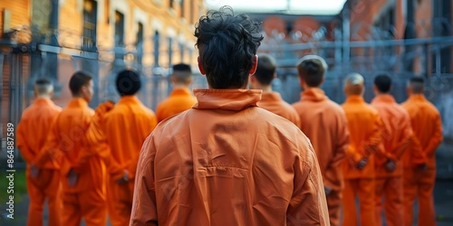 Prisoners in dystopian setting wearing orange jumpsuits gather in prison yard. Concept Dystopian Future, Prison Life, Orange Jumpsuits, Rebellion, Survival