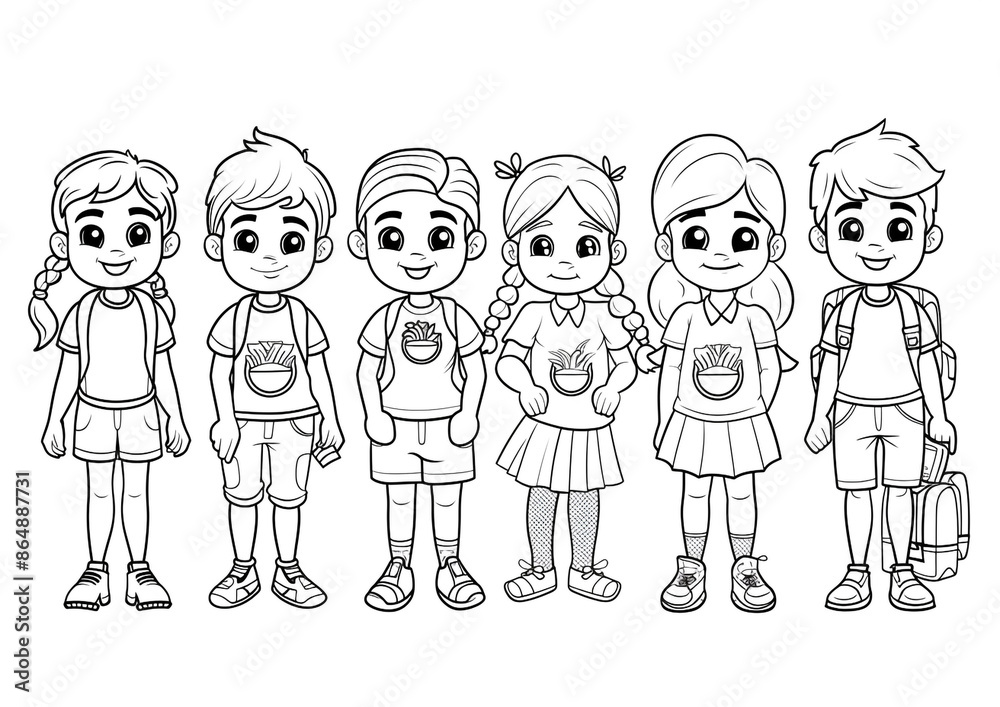 Cartoon kids with a school environmental club, outlined for coloring, on a white background. Cartoon kids with a school environmental club, outlined for coloring, on a white background.