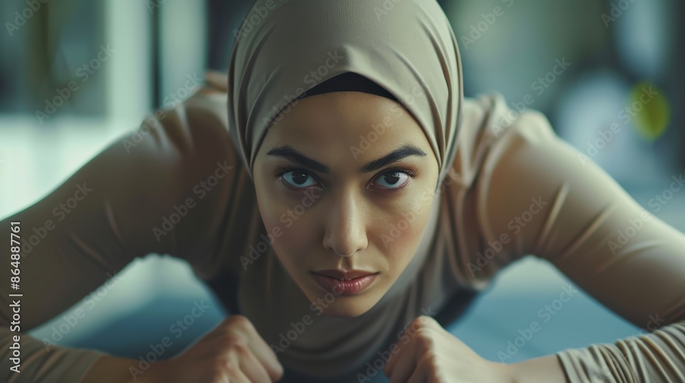 Woman in hijab planking shows strength Woman in hijab planking shows strength