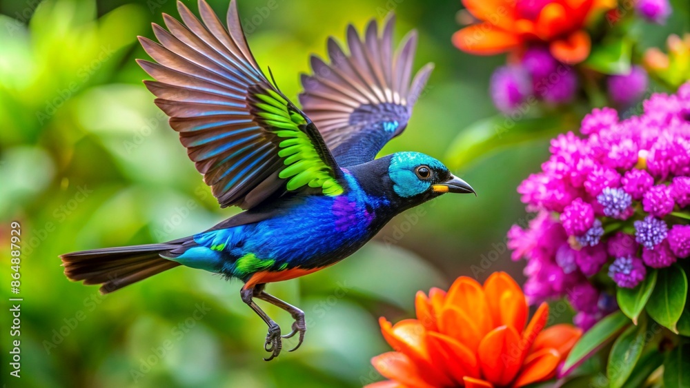 Fototapeta premium Paradise Tanager The Jewel of the Rainforest flying flying near flowers