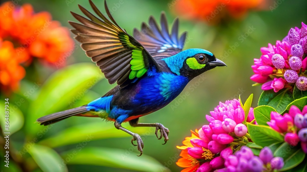 Fototapeta premium Paradise Tanager The Jewel of the Rainforest flying flying near flowers