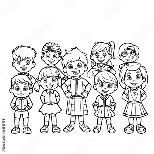 Cartoon kids with a school debate team, outlined for coloring, on a white background.