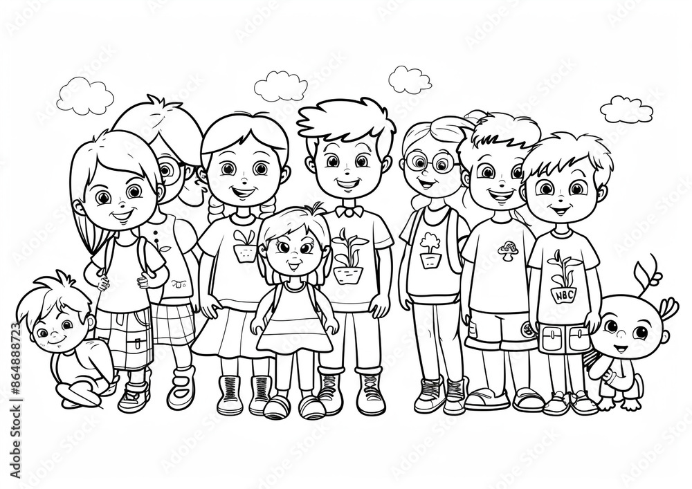 Cartoon kids with a school environmental club, outlined for coloring, on a white background. Cartoon kids with a school environmental club, outlined for coloring, on a white background.