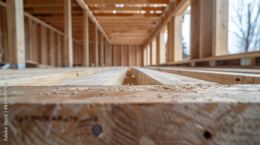 Unfinished wooden house framework with visible beams and structure. Unfinished wooden house framework with visible beams and structure.
