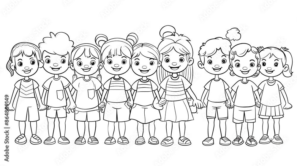 Cartoon kids with a school multicultural club, outlined for coloring, on a white background.