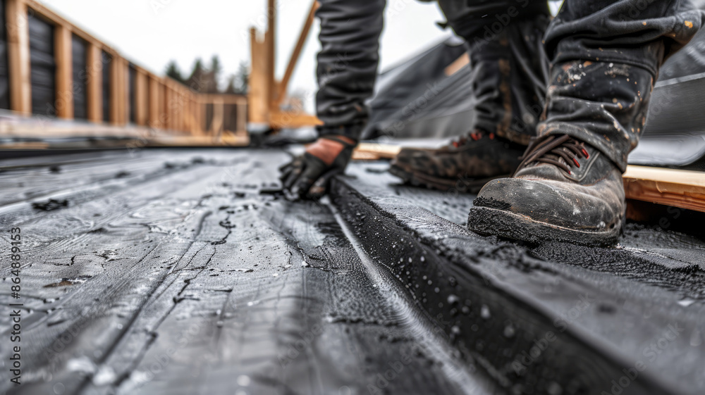 A construction worker installing flooring, wearing boots and gloves. A construction worker installing flooring, wearing boots and gloves.
