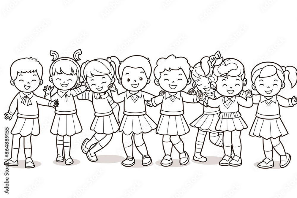 Cartoon kids with a school dance team, outlined for coloring, on a white background. Cartoon kids with a school dance team, outlined for coloring, on a white background.