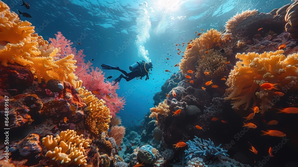 Obraz premium Scuba Diver Exploring Vibrant Coral Reef