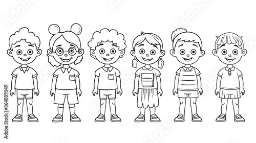 Cartoon kids with a school multicultural club, outlined for coloring, on a white background.