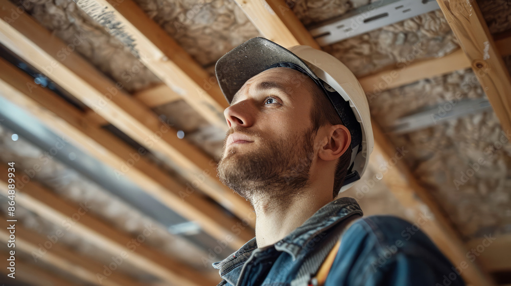 Young male construction worker wearing a hard hat, inspecting wooden beams. Young male construction worker wearing a hard hat, inspecting wooden beams.