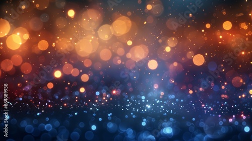 Abstract blue and orange bokeh background with glittering lights. Photo ideal for festive or celebratory designs.