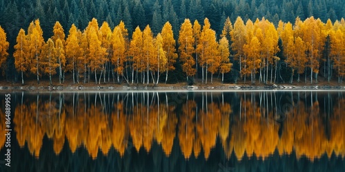 Serene autumn lake with vibrant yellow trees reflecting in calm water, surrounded by dense forest, creating a peaceful, picturesque landscape.