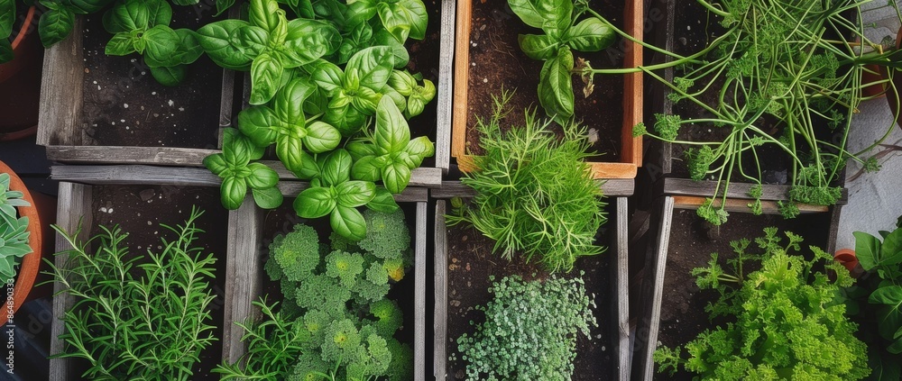 Raised beds in an urban garden filled with flourishing plants, herbs, and spices Raised beds in an urban garden filled with flourishing plants, herbs, and spices