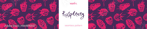 Raspberry banner with raspberries pattern seamless, hand-drawn vector red berry illustrations. Juice or jam label design. Ripe raspberry background for baby food packaging.