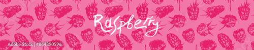 Raspberry banner with raspberries pattern seamless, hand-drawn vector red berry illustrations. Juice or jam label design. Ripe raspberry background for baby food packaging.