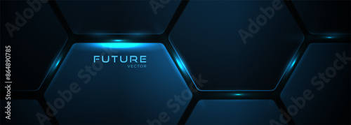 Dark blue hexagon abstract technology background with light blue colored bright flashes under hexagon. Hexagonal gaming vector abstract tech wide banner.