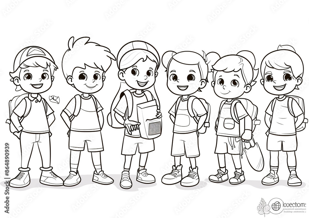Cartoon kids with a school environmental club, outlined for coloring, on a white background. Cartoon kids with a school environmental club, outlined for coloring, on a white background.