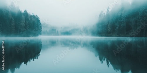 Serene misty lake surrounded by forest with a perfect reflection, creating a tranquil and peaceful atmosphere in the early morning light.