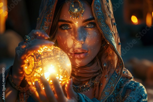 Fortune teller holding a glowing crystal ball, predicting the future