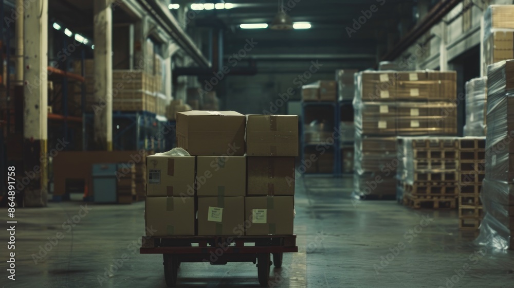 Dimly Lit Warehouse Interior with Cardboard Boxes on Pallet