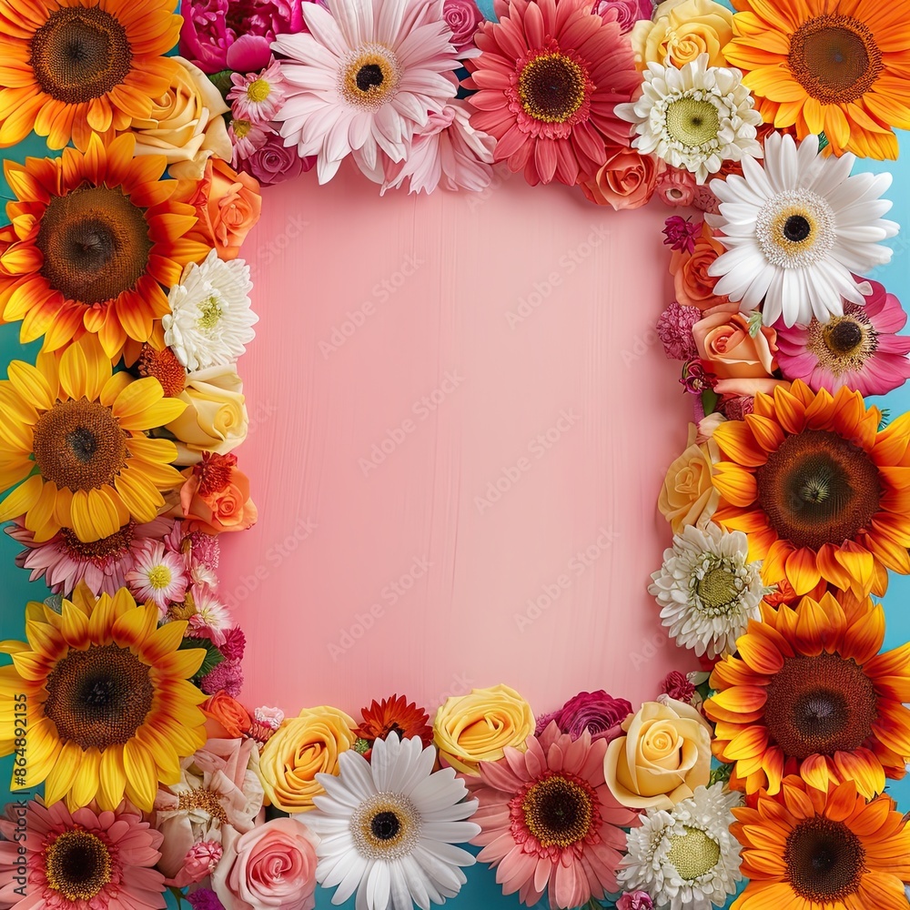Mixed flower bouquet with sunflowers and roses, right side, colorful abstract background, bright and lively Mixed flower bouquet with sunflowers and roses, right side, colorful abstract background, bright and lively