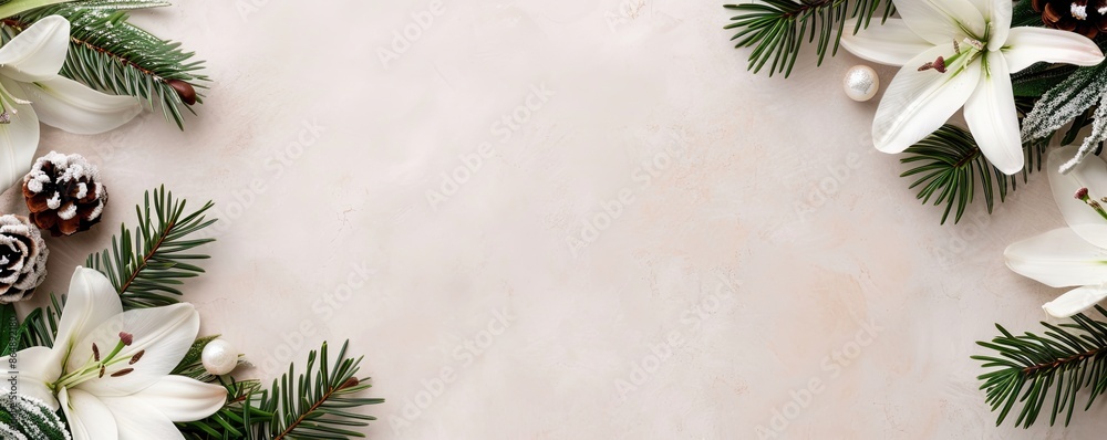Pastel background with winter floral border, snow-dusted white lilies and pine sprigs, soft and charming Pastel background with winter floral border, snow-dusted white lilies and pine sprigs, soft and charming