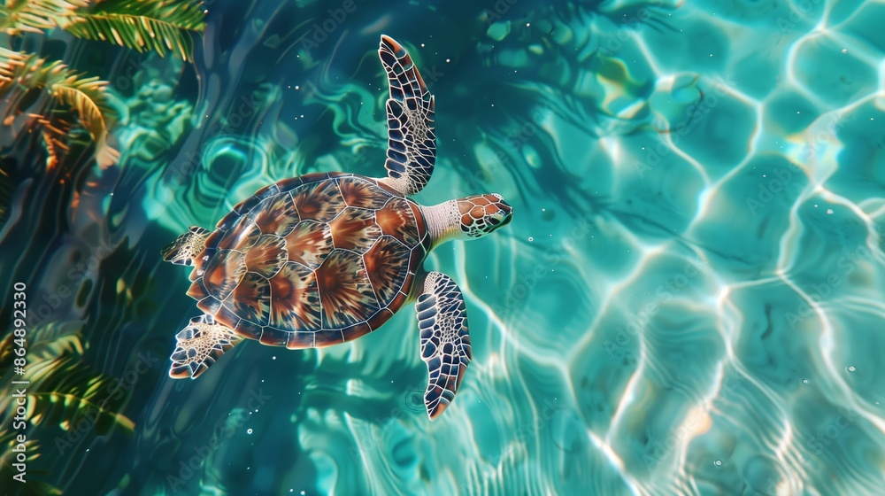 Fototapeta premium sea turtle swimming in crystal clear water with a background of underwater flora