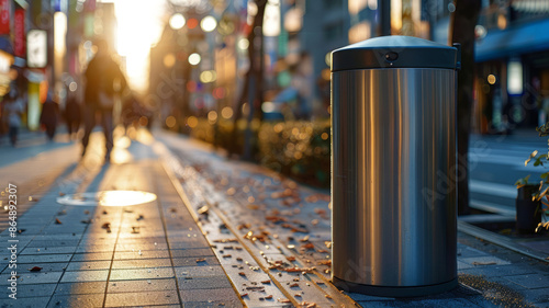 Wallpaper Mural Metal trashcan on city sidewalk during sunset with blurred pedestrians. Torontodigital.ca