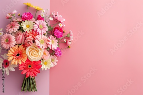 Mixed flower bouquet with hydrangeas and daisies, left side, colorful geometric background, charming and vibrant © PinkPearly