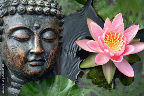 Serene Buddha statue beside a vibrant pink lotus flower on green leaves