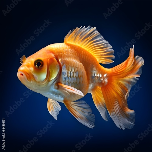 oranda goldfish isolated on blue background   photo