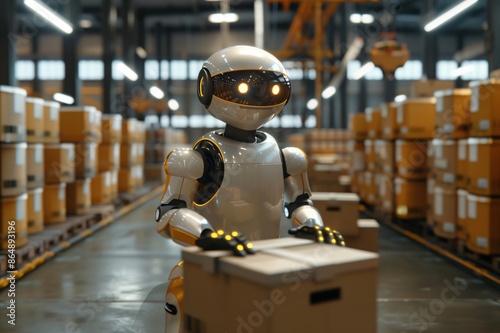 Robot picking up cardboard box in warehouse