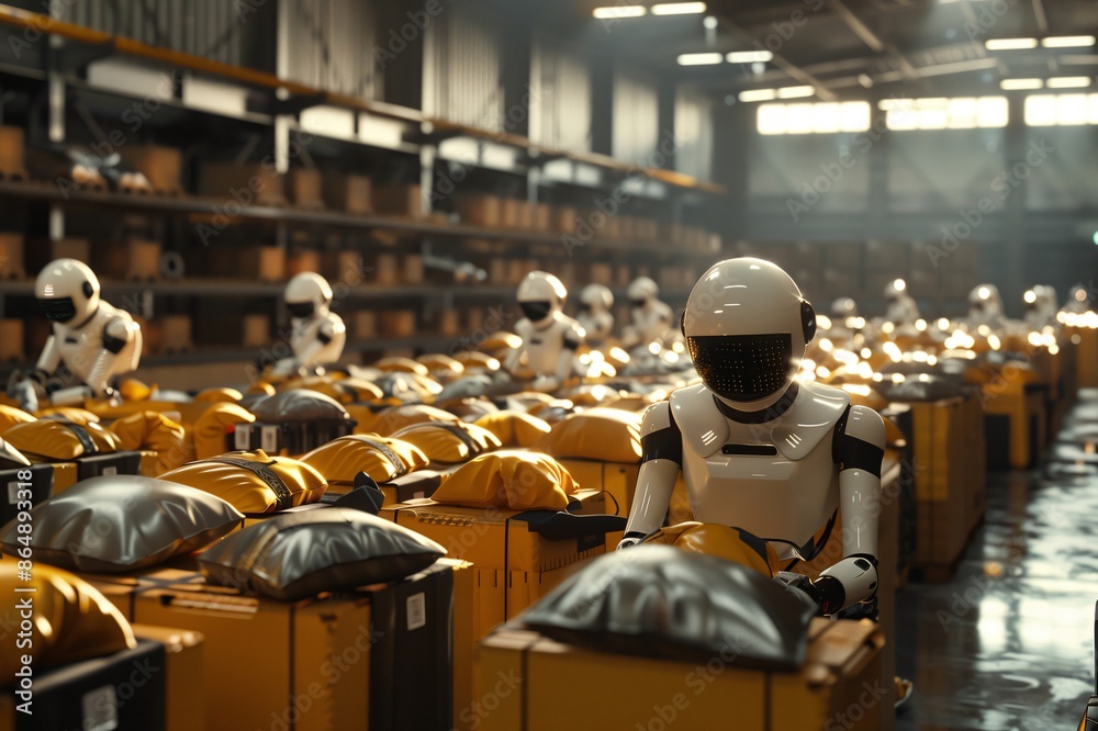 Obraz premium Robots working in warehouse sorting packages