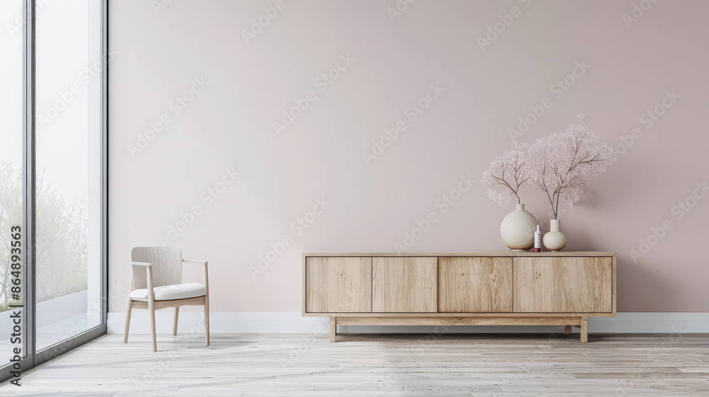 Elegant luxury interiors composition with a stylish sideboard next to a window providing natural lighting and minimal or no furniture. Premium residential Real Estate advertising. Elegant luxury interiors composition with a stylish sideboard next to a window providing natural lighting and minimal or no furniture. Premium residential Real Estate advertising.