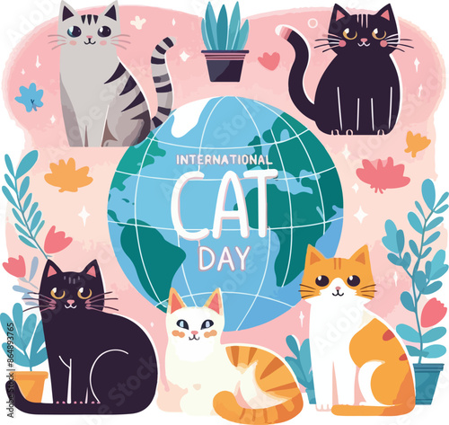Print  Vector flat international cat day illustration with cats