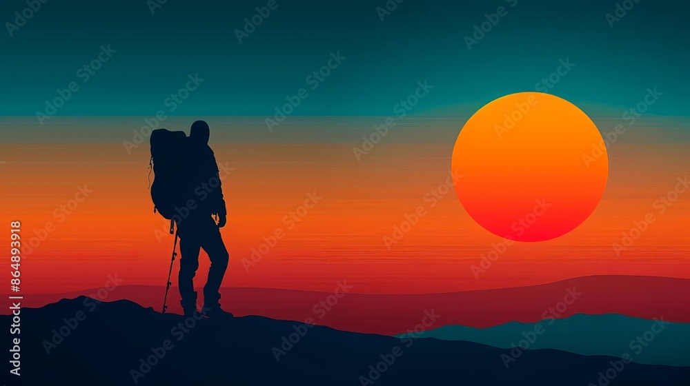 Silhouette of a hiker with a backpack at sunset, standing on a mountain peak, enjoying the colorful sky and serene landscape. Silhouette of a hiker with a backpack at sunset, standing on a mountain peak, enjoying the colorful sky and serene landscape.