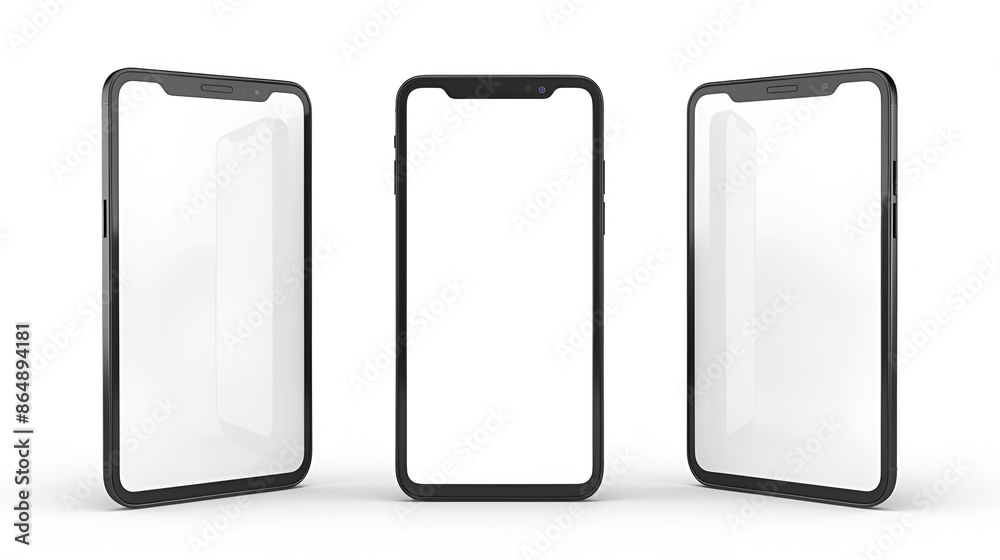 Closeup modern digital black Smartphone mobile blank screen three position front and side isolated on white background, no clipping path Closeup modern digital black Smartphone mobile blank screen three position front and side isolated on white background, no clipping path