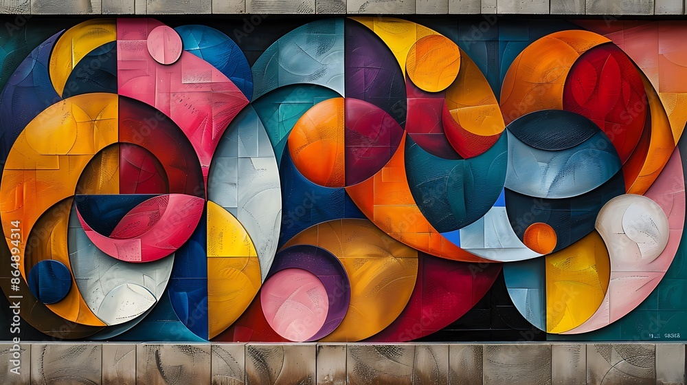 A modern art mural of vibrant geometric patterns, bold colorful shapes intersecting and overlapping, 16:9 ratio. A modern art mural of vibrant geometric patterns, bold colorful shapes intersecting and overlapping, 16:9 ratio.