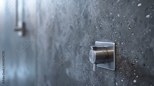 Close-up of a modern shower knob on a wet, gray wall. photo